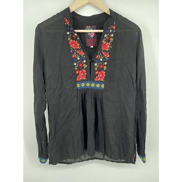 JOHNNY WAS Black Embroidered Floral Boho Artsy Tunic Blouse Size Small - Picture 1 of 5